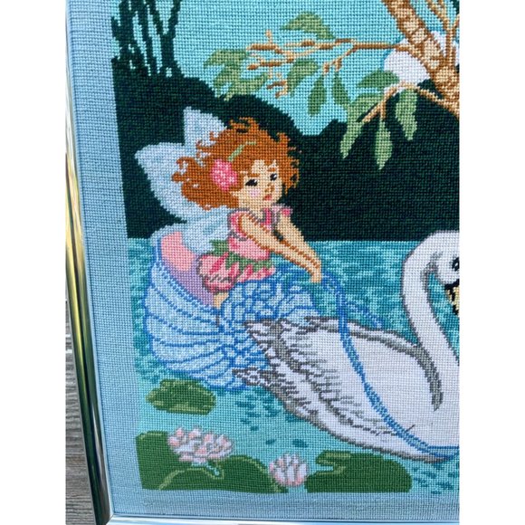 Vintage 1980s Finished Needlepoint picture Fairy Nymph Riding a Swan - Picture 6 of 15